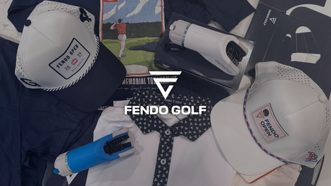 layout shot of Fendo Golf hats, apparel, and patented club cleaner.