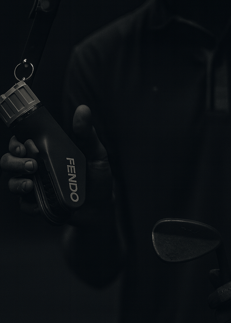 Person holding a black Fendo in a dark setting