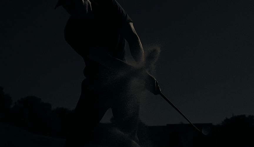 Silhouette of a person playing golf with dark overlay