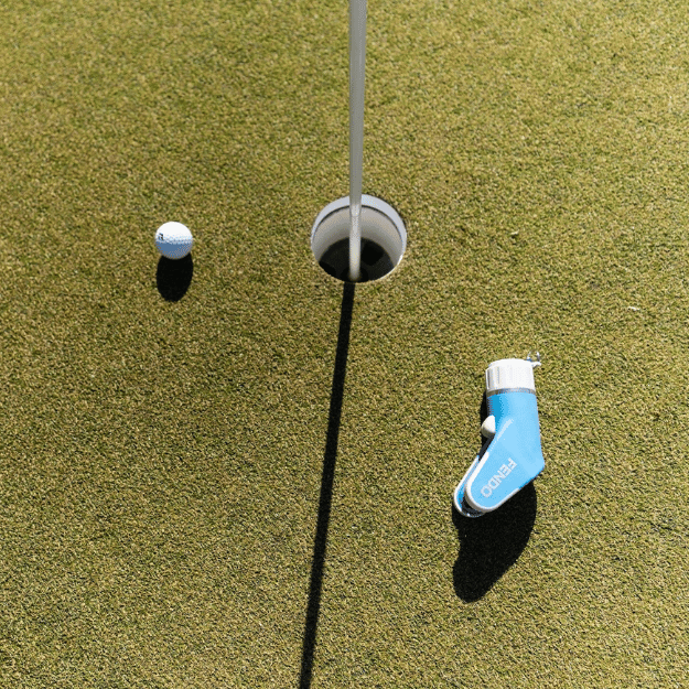 a fendo and a golf ball sitting next to golf hole