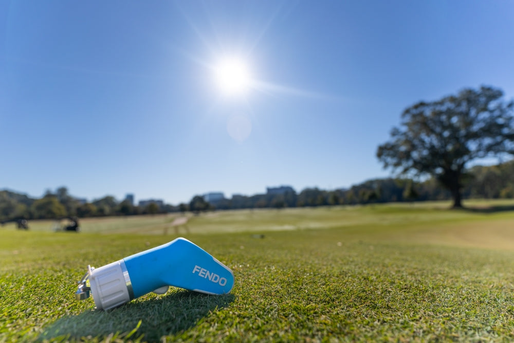 Blue Fendo product on a grassy field with a clear blue sky
